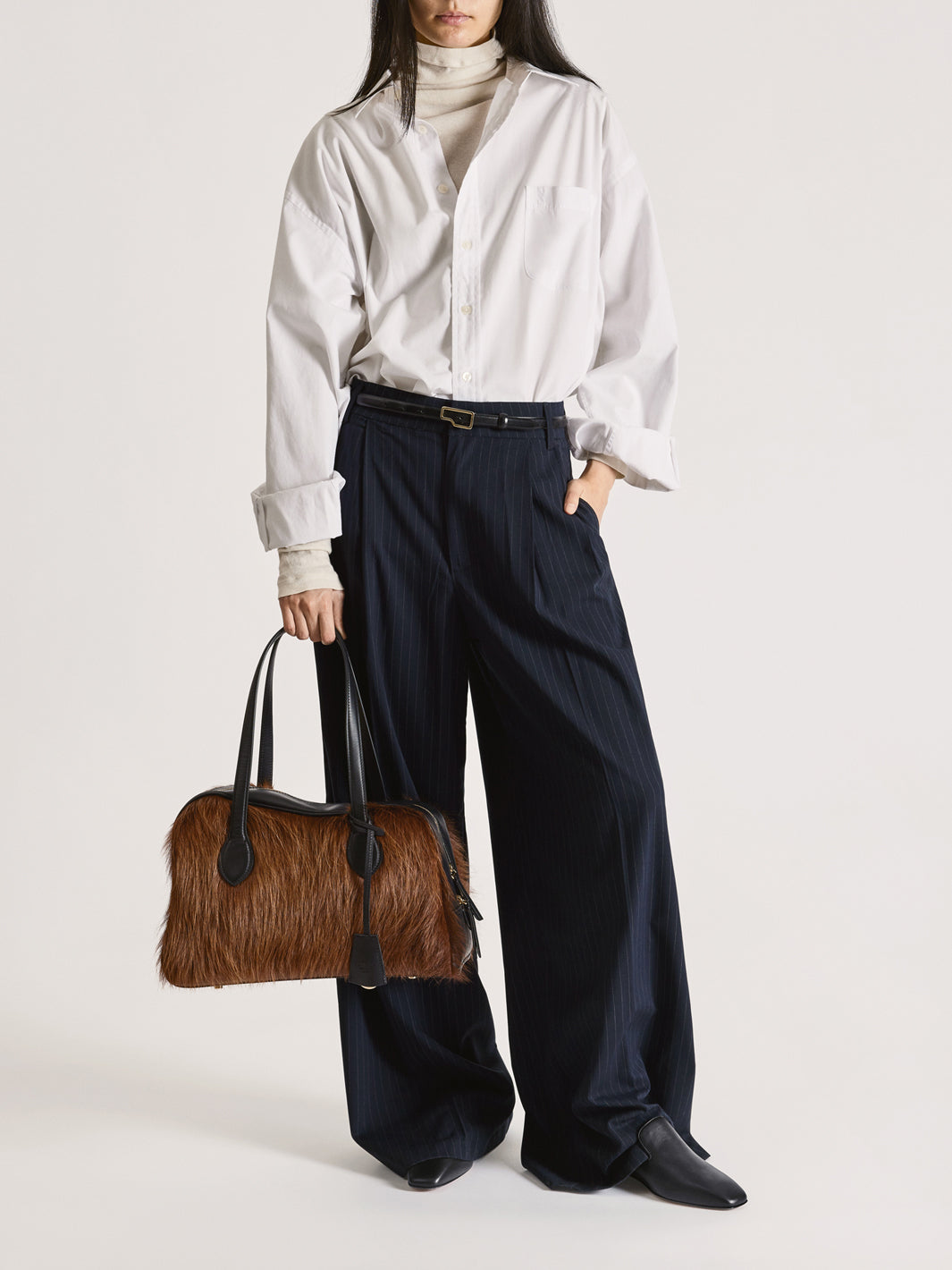 Noale Cannella/Black Pony/Leather Top handle bag