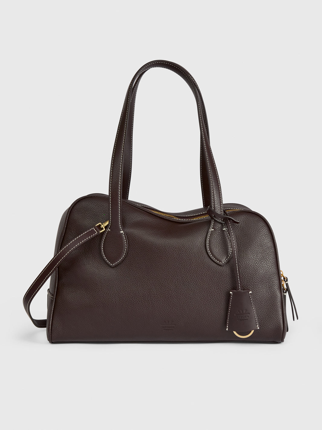 Noale Walnut/Contrast Stitch Grained Leather Top handle bag