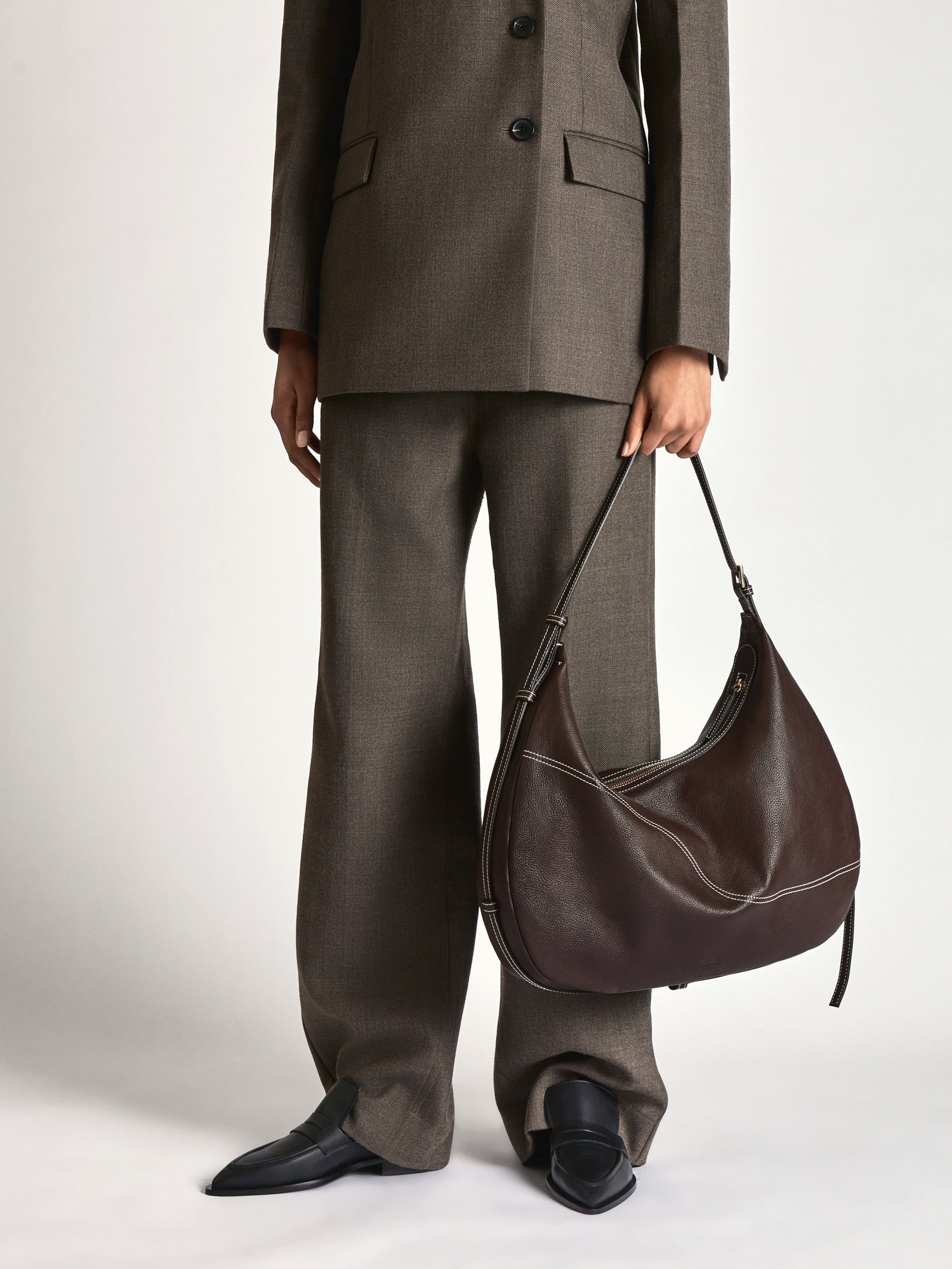 Potenza Walnut/Contrast Stitch Grained Leather Large hobo bag