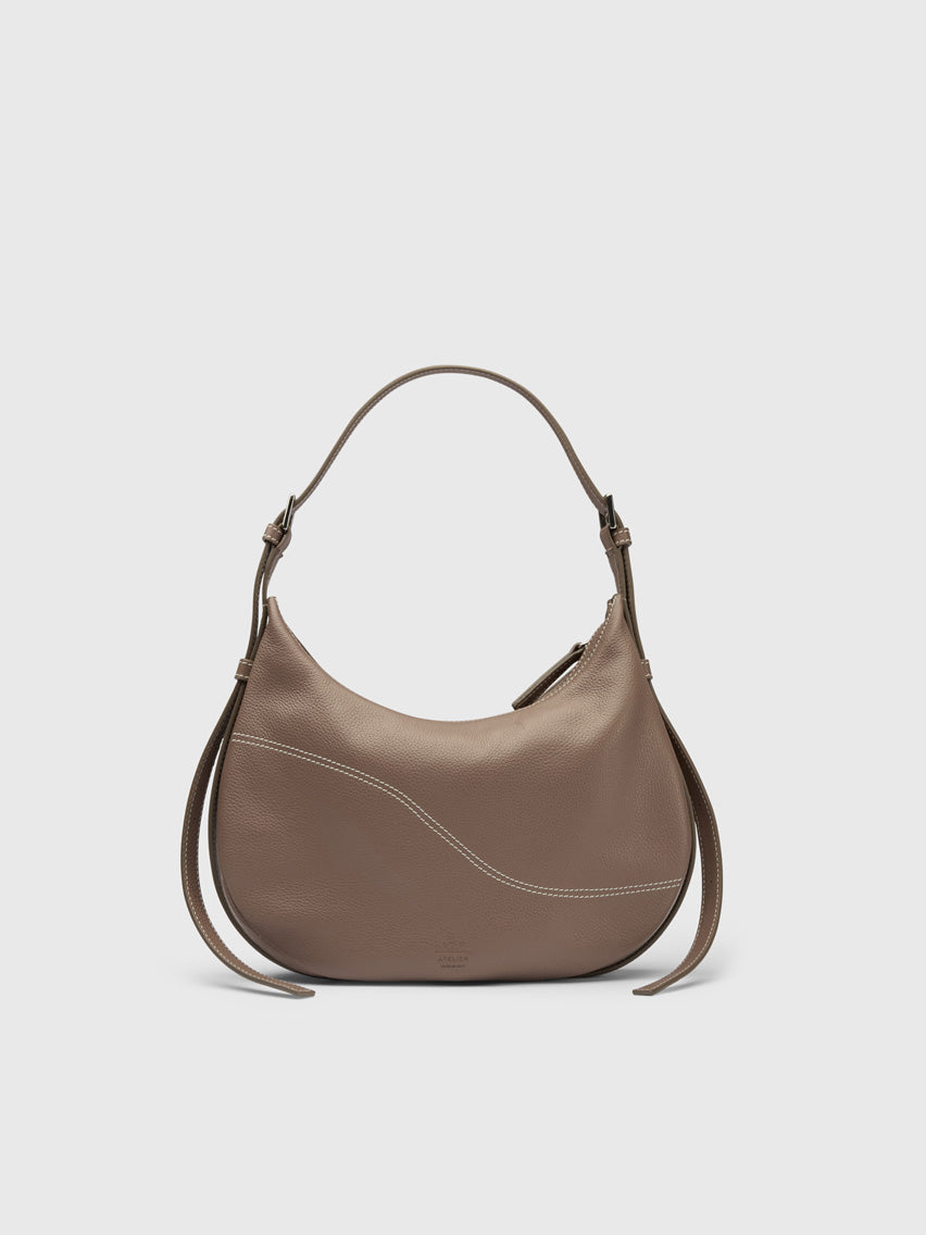 Liveri Tahini/Contrast Stitch Grained Leather Small hobo bag