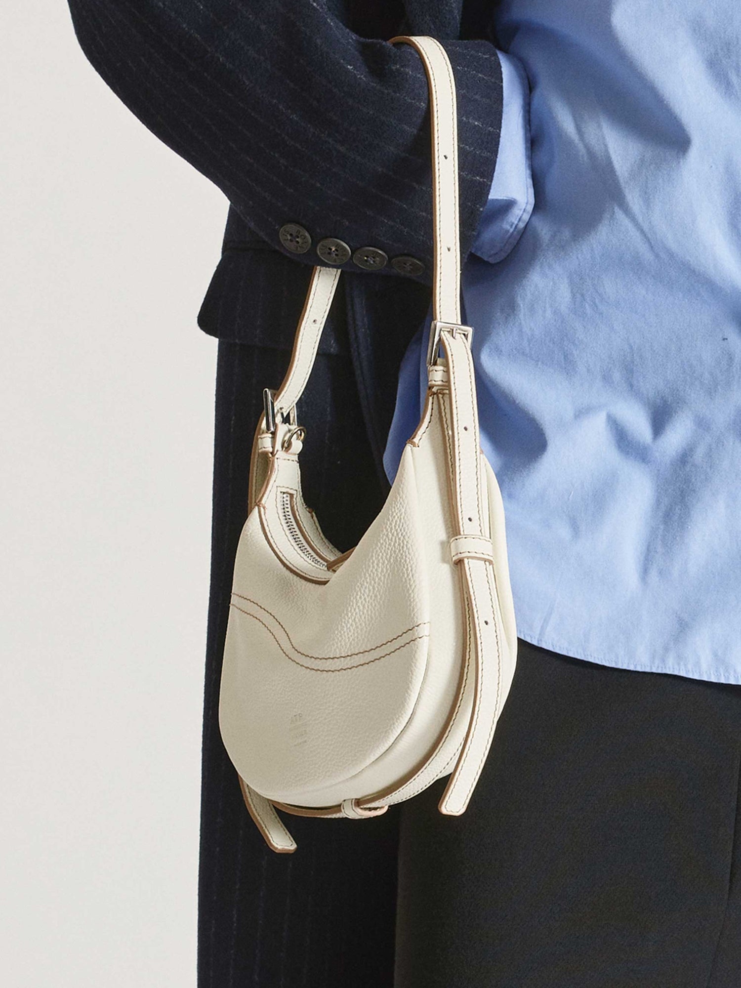 Silea Bianco/Contrast Stitch Grained Leather Mini hobo bag