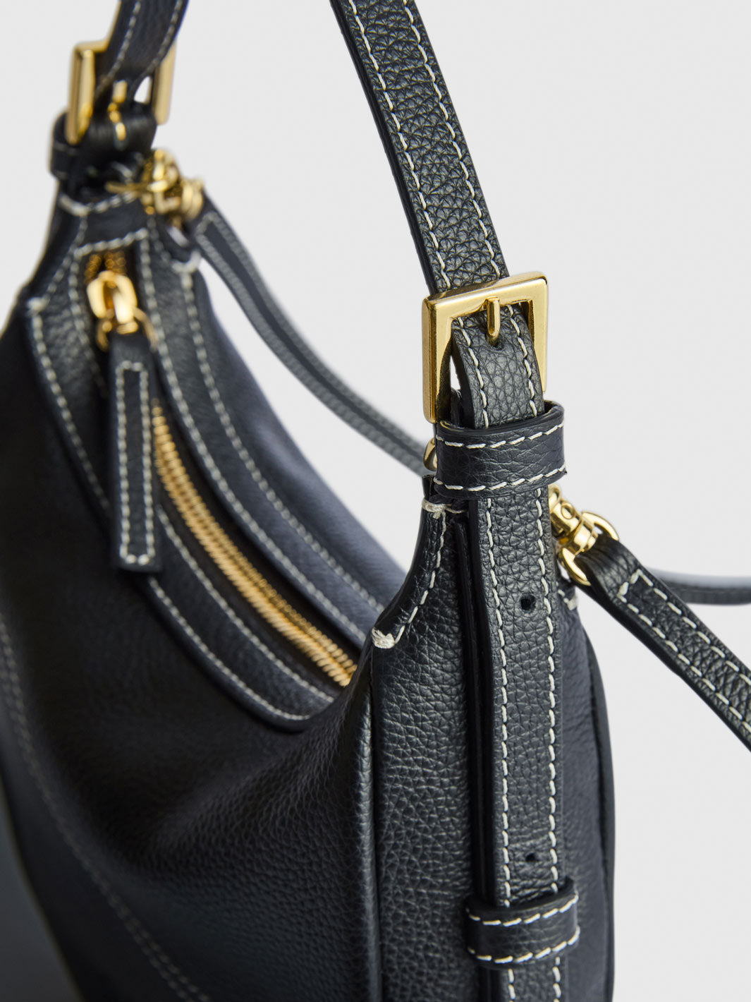 Silea Black/Contrast Stitch Grained Leather Mini hobo bag