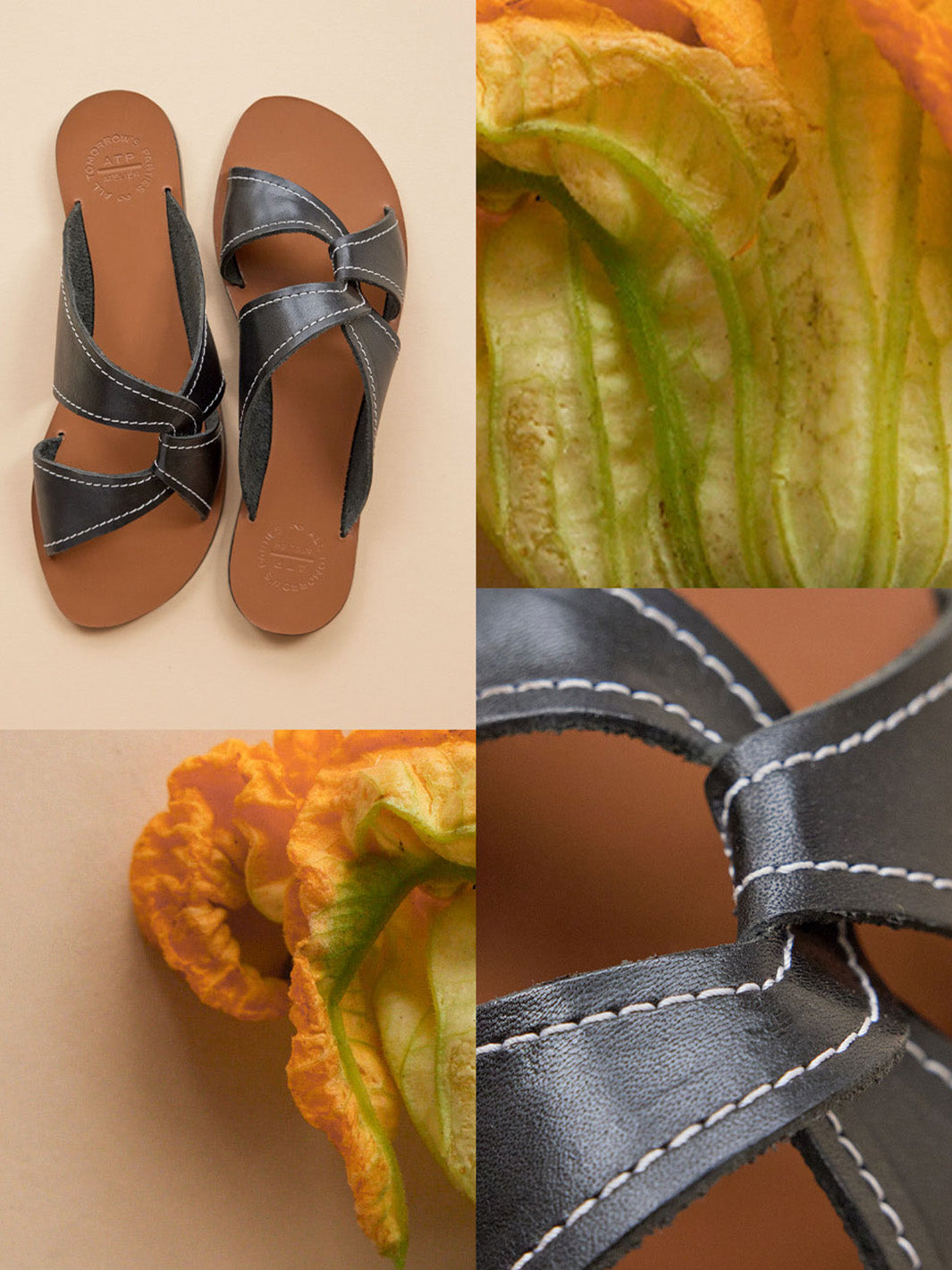 Allai Black/Contrast Stitch Leather Flat sandals